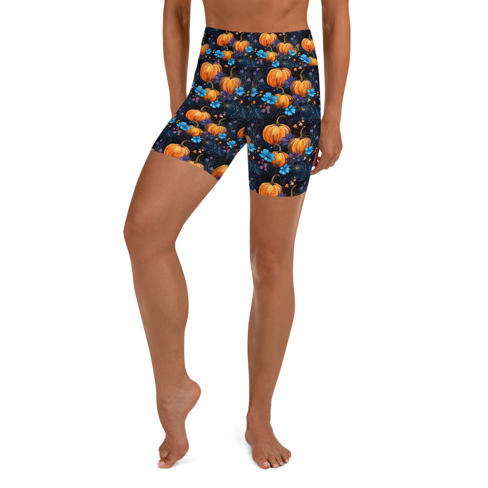 Blue Floral Pumpkin Yoga Shorts