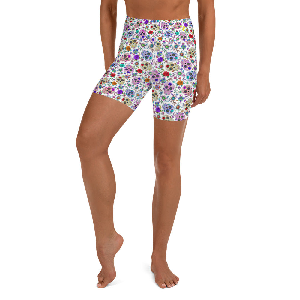 White Sugar Skull Yoga Shorts