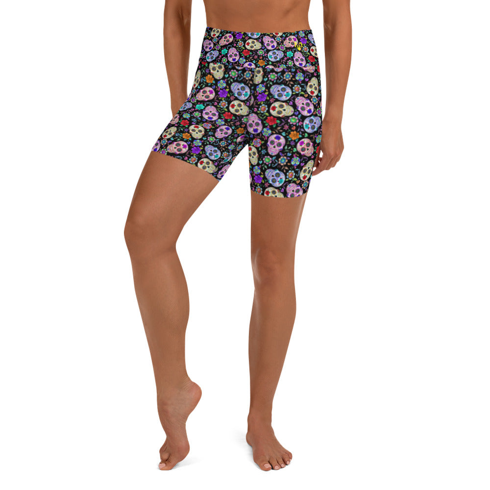 Black Sugar Skull Yoga Shorts